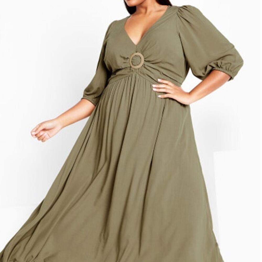 NWOT City Chic Olive Green Daydream V-neck Puff Sleeve Maxi Dress Size S/16